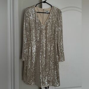 DKNY Champagne Sequin Long Sleeve V-Neck Dress